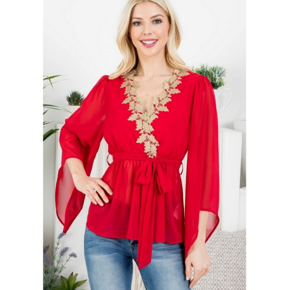 Chiffon-Like Red Top with Bell Sleeves and Gold Details around Neckline - Picture 4 of 11